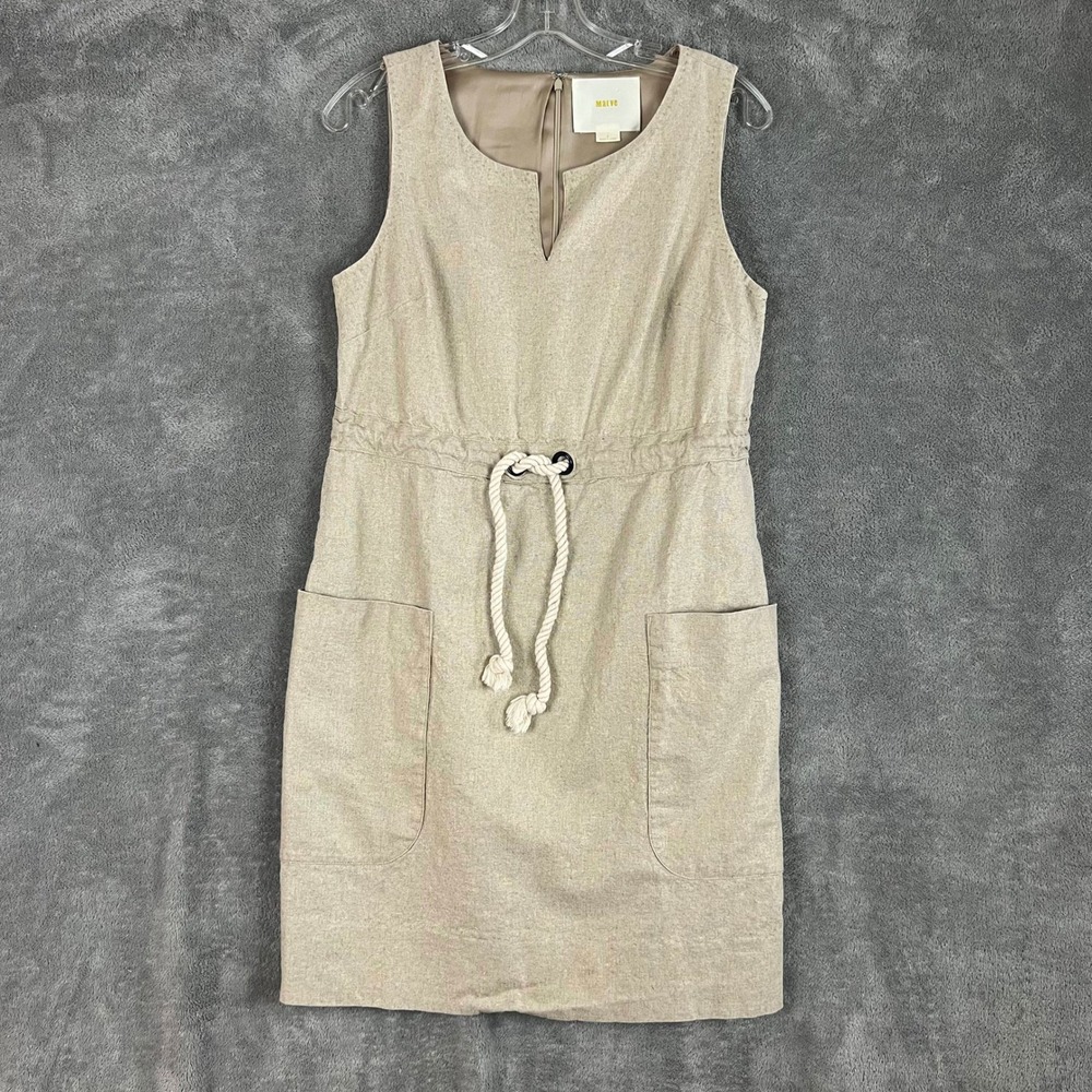 Anthropologie Maeve Short Dress Womens 4 Linen Blend Khaki Belted Peasant